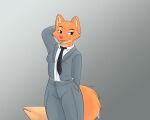 anthro business_suit canid canine clothed clothing diane_foxington digital_drawing_(artwork) digital_media_(artwork) dreamworks eyebrow_piercing facial_piercing feet female fluffy fluffy_tail fox fur grey_background hand_behind_back hand_behind_head hi_res jacket kadeki long_tail mammal narrowed_eyes necktie open_clothing open_jacket open_topwear orange_body orange_fur piercing plantigrade portrait seductive simple_background sitting solo suit tail the_bad_guys three-quarter_portrait tongue tongue_out topwear