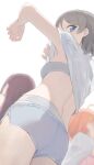  3girls armpits blue_eyes blue_shorts blurry blurry_background bra breasts commentary_request grey_bra grey_hair grey_panties highres hiroki_(yyqw7151) looking_at_viewer love_live! love_live!_sunshine!! multiple_girls orange_hair panties panties_under_shorts shirt short_hair shorts simple_background small_breasts underwear watanabe_you white_background white_shirt 