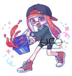  1girl backwards_hat baseball_cap bike_shorts commentary_request commission cross-laced_footwear full_body hat highres holding holding_weapon inkling inkling_girl inkling_player_character korean_commentary open_mouth red_eyes red_footwear red_hair shoes simple_background smile solo sparkle splatoon_(series) splatoon_3 teeth tri-slosher_(splatoon) ufo_sw watermark weapon white_background 