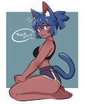  1girl amazu_(kurozu) animal_ears aoi_(amazu) bare_arms bare_legs bare_shoulders barefoot blue_background blue_eyes blue_hair breasts cat_ears cat_girl cat_tail commentary dark-skinned_female dark_skin dolphin_shorts english_commentary flying_sweatdrops from_side full_body hair_between_eyes highres looking_at_viewer looking_to_the_side medium_breasts original ponytail purple_shorts seiza short_eyebrows shorts sitting solo tail thank_you thick_eyebrows two-tone_background white_background 