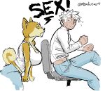 anthro big_breasts bottomwear breasts canid canine canis cleavage clothed clothing denim denim_bottomwear denim_clothing domestic_dog duo female female_anthro human jeans male male/female male_human mammal pants realius requesting sex_request shiba_inu shirt spitz tank_top text topwear yelling