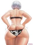  1girl animal_print artist_name ass back backboob bikini breasts butt_crack commentary cow_print cowboy_shot english_commentary facing_away from_behind highres huge_ass legs_together mixed-language_commentary nier_(series) nier_automata print_bikini reward_available short_hair silver_hair simple_background skindentation solo standing superbusty swimsuit thighs undersized_clothes yorha_no._2_type_b 