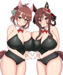  2girls ahoge animal_ears asymmetrical_docking bare_shoulders black_leotard bow bowtie braided_hair_rings breast_press breasts brown_hair cleavage commentary_request cowboy_shot dantsu_flame_(umamusume) detached_collar ear_covers ear_ornament gentildonna_(umamusume) heart heart_hands heart_hands_duo highres horse_ears horse_girl horse_tail huge_breasts leotard messy_hair multicolored_hair multiple_girls red_bow red_bowtie red_eyes simple_background strapless strapless_leotard streaked_hair tail umamusume white_background white_hair yawasiriwaowao19 yellow_eyes 