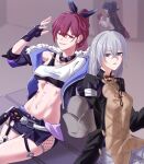  1boy 2girls bandaged_arm bandages belt black_choker black_gloves black_jacket black_shorts black_tank_top blade_(honkai:_star_rail) blade_(honkai:_star_rail)_(cosplay) blue_hair breasts choker commentary_request cosplay costume_switch crop_top fingerless_gloves fishnets gloves grey_hair grin hand_up highres honkai:_star_rail honkai_(series) jacket jangisa kafka_(honkai:_star_rail) kafka_(honkai:_star_rail)_(cosplay) korean_commentary long_hair long_sleeves looking_at_viewer midriff multiple_girls navel oversized_clothes ponytail purple_eyes purple_hair shirt short_shorts shorts silver_wolf_(honkai:_star_rail) silver_wolf_(honkai:_star_rail)_(cosplay) single-shoulder_shirt sitting sleeves_past_fingers sleeves_past_wrists smile stomach tank_top thighs underboob white_belt white_shirt 