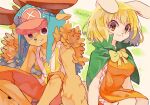  1girl alternate_form animal_ears antlers black_eyes blonde_hair bow bowtie brown_eyes cape carrot_(one_piece) commentary_request cross dress green_background green_cape highres horns looking_at_viewer one_piece orange_dress rabbit_ears rabbit_girl shirt short_hair smile striped_clothes striped_shirt tokuura tony_tony_chopper twitter_username two-tone_shirt vertical-striped_clothes vertical-striped_shirt white_shirt yellow_shirt 