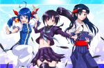  3girls absurdres ahoge black_hair blue_hair chinese_clothes fatal_fury ferret futaba_hotaru headband highres japanese_clothes kurosaki_miu long_hair mark_of_the_wolves midriff multiple_girls navel ponytail ryuuko_no_ken school_uniform snk the_king_of_fighters the_king_of_fighters_ex thighhighs toudou_kasumi twintails yonecchi zettai_ryouiki 