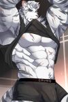  1boy abs animal_ears ao_(chung0u0) arknights armpits arms_up bara biceps black_male_underwear black_tank_top boxers bulge clothes_lift cowboy_shot furry furry_male highres large_pectorals male_focus male_underwear mountain_(arknights) mouth_hold muscular muscular_male navel nipples pectorals reward_available scar scar_across_eye scar_on_arm scar_on_chest scar_on_face shirt_in_mouth shirt_lift short_hair solo stomach tank_top thick_eyebrows tiger_boy tiger_ears underpec underwear white_fur white_hair 
