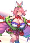  +_+ 1girl animal_ear_fluff animal_ears azuchi_momo azuchi_momo_(1st_costume) bare_shoulders blush bow breasts choker colored_inner_hair commentary fang green_hair green_jacket green_ribbon hair_over_one_eye hair_ribbon highres huge_breasts jacket kagami_uekusa lips long_sleeves looking_at_viewer medium_hair multicolored_clothes multicolored_hair multicolored_jacket nijisanji open_mouth pink_eyes pink_hair pink_jacket red_bow red_choker red_ribbon ribbon sleeves_past_fingers sleeves_past_wrists smile socks solo sparkle standing teeth thighs two-tone_hair two-tone_jacket virtual_youtuber white_socks 