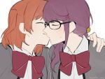  2girls aijou_karen artist_name bow bowtie closed_eyes closed_mouth commentary english_commentary glasses grey_jacket hand_on_another&#039;s_shoulder haruka_3442 highres hoshimi_junna jacket kiss multiple_girls one_side_up orange_hair purple_hair red_bow red_bowtie shirt shoujo_kageki_revue_starlight simple_background sweatdrop upper_body white_background white_shirt yuri 