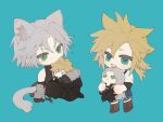  2boys aged_down animal_ears armor black_footwear black_gloves black_pants blonde_hair blue_background boots brown_footwear chibi chibi_only cloud_strife final_fantasy final_fantasy_vii final_fantasy_vii_ever_crisis gloves green_eyes grey_hair happy highres holding holding_stuffed_toy hugging_doll hugging_object low_ponytail male_focus maomaoyu multiple_boys open_mouth pants sephiroth shirt short_hair shorts sleeveless sleeveless_turtleneck smile spiked_hair stuffed_toy tail teeth turtleneck upper_teeth_only white_shirt 