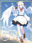  1girl angel_wings aoi_thomas blue_eyes blue_hair blue_shirt blue_sky boots bow brown_footwear camera closed_mouth cloud collared_shirt commentary_request day dress feathered_wings full_body gradient_hair highres holding holding_camera jacket laurel_crown long_sleeves looking_at_viewer multicolored_hair no_socks off_shoulder open_clothes open_jacket original red_bow revision shirt sky sleeveless sleeveless_shirt smile solo white_dress white_hair white_jacket white_wings wide_sleeves wings 