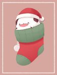  7mb_yut bangs black_eyes hat horns league_of_legends no_humans pink_background poro_(league_of_legends) red_headwear santa_hat smile socks solo tongue tongue_out 