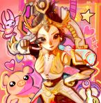  1girl apex_legends black_eyes black_hair black_pants chinese_commentary clenched_hand conduit_(apex_legends) dress echo_(apex_legends) gilded_radiance_conduit gloves hair_bun hand_on_own_hip heart highres looking_at_viewer nessie_(respawn) official_alternate_costume pants red_lips single_hair_bun sketch smirk solo sparkle stuffed_animal stuffed_pig stuffed_toy v v-shaped_eyebrows wang_wu_(laojiuyijiuhenxian) white_dress white_gloves 
