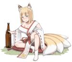  1girl animal_ear_fluff animal_ears blonde_hair blue_eyes blush bottle breasts cleavage closed_mouth commentary_request cushion fang fang_out fox_ears fox_girl fox_tail full_body highres holding holding_bottle kitsune knee_up kuro_kosyou looking_at_viewer medium_breasts no_shoes off_shoulder original ribbon_trim short_hair simple_background smile socks solo tabi tail tatami v-shaped_eyebrows white_background white_socks zabuton 