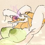 ammit ammit_(catjam) anthro blonde_hair breasts catjam_(artist) crocodilian female hair low_res mane nipples overweight overweight_female reptile scalie scar solo soul soul_vore tongue white_body yellow_sclera yellow_tongue