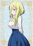  1girl blonde_hair blue_skirt blush breasts closed_mouth floral_background from_side highres jashin-chan_dropkick large_breasts long_hair looking_at_viewer mumyou_ishi persephone_(jashin-chan_dropkick) red_eyes shirt simple_background skirt smile solo standing white_shirt 