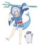  1girl absurdres animal_hood barefoot bloop_(gawr_gura) blue_hair blue_hoodie claw_pose gawr_gura gawr_gura_(1st_costume) highres holding_trident hololive hololive_english hood hoodie kkusak_(kkusag_ks) looking_at_viewer medium_hair multicolored_hair open_mouth shark_hood sharp_teeth sleeves_past_fingers sleeves_past_wrists smile streaked_hair teeth upper_teeth_only virtual_youtuber white_background white_hair 