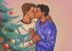  beard_stubble black_hair blush brown_hair castiel christmas christmas_sweater christmas_tree couple dean_winchester facial_hair fluffyells highres indoors jewelry kiss male_focus mature_male ring short_hair stubble supernatural_(tv_series) sweater wedding_ring yaoi 