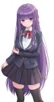 1girl alternate_costume black_jacket black_skirt black_thighhighs blunt_bangs bow bowtie breasts closed_mouth collar collared_shirt fern_(sousou_no_frieren) highres jacket large_breasts long_hair long_sleeves looking_at_viewer purple_eyes purple_hair red_bow red_bowtie school_uniform seungju_lee shirt simple_background skirt solo sousou_no_frieren standing thighhighs white_background white_collar white_shirt zettai_ryouiki 