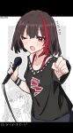  bang_dream! black_shirt blush bracelet character_request commentary dated happy_birthday highres holding holding_microphone jewelry kai3700 letterboxed long_hair looking_at_viewer microphone mitake_ran multicolored_hair one_eye_closed open_mouth red_eyes red_hair shirt short_hair short_sleeves sidelocks streaked_hair translated twitter_username 