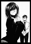  1boy 1girl blowing_kiss breasts collared_shirt facing_viewer fingernails glasses greyscale hachinuki_tetsuyo hand_up highres jitome large_breasts long_sleeves looking_at_viewer looking_to_the_side medium_hair monochrome necktie opaque_glasses original pants shirt short_hair simple_background standing sweater swept_bangs turtleneck turtleneck_sweater 