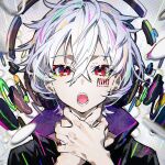  1boy bangs barcode barcode_tattoo copyright_request crossed_bangs hair_between_eyes hands_up headphones highres looking_at_viewer male_focus mika_pikazo multicolored_hair neck_grab open_mouth red_eyes solo streaked_hair tattoo white_hair 