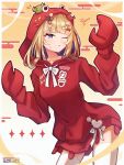  1girl amanogawa_shiina amanogawa_shiina_(2nd_costume) artist_name blonde_hair bow collarbone colored_inner_hair crab_claw crab_hair_ornament crab_on_head hair_bow hair_ornament heart heart_hair_ornament highres hood hoodie lidzi long_hair multicolored_hair no_pants one_eye_closed phase_connect pink_bow purple_eyes red_bow red_hoodie scissors_hair_ornament solo star_(symbol) star_print thighhighs virtual_youtuber white_bow white_thighhighs 