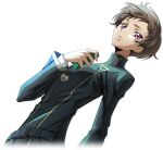  1boy arm_at_side artist_request belt black_jacket brown_hair buttons closed_mouth code_geass code_geass:_lost_stories cropped_torso dutch_angle game_cg hand_up heart holding holding_phone jacket jewelry layered_sleeves locket long_sleeves looking_at_viewer male_focus non-web_source official_art pendant phone purple_eyes rolo_lamperouge school_uniform short_hair sidelocks simple_background solo standing transparent_background turtleneck turtleneck_jacket 