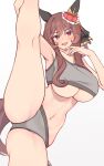  1girl absurdres alternate_costume animal_ears armpits bare_legs bare_shoulders braided_hair_rings breasts brown_hair cleavage commentary_request cowboy_shot gentildonna_(umamusume) grey_sports_bra groin highres himuraanzu holding_own_leg horse_ears horse_girl horse_tail large_breasts long_hair looking_at_viewer navel simple_background smile solo split sports_bra standing standing_on_one_leg standing_split tail textless_version umamusume white_background 