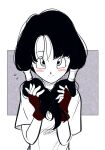  1girl absurdres black_hair blush closed_mouth dragon_ball dragon_ball_z fingerless_gloves gloves greyscale highres kakikakilemon long_hair looking_at_viewer monochrome shirt smile solo twintails videl white_background white_shirt 