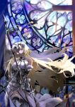  1girl absurdres armor armored_dress banner bare_shoulders blonde_hair blue_eyes breasts chain couter fate/grand_order fate_(series) faulds flag flagpole fur-trimmed_legwear fur_trim gauntlets gloves gorget headpiece highres holding holding_flag jeanne_d&#039;arc_(fate) jeanne_d&#039;arc_(third_ascension)_(fate) large_breasts long_hair mochi_upamo plackart solo standard_bearer sword thighhighs very_long_hair weapon 
