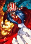  1boy blue_hair buggy_the_clown clenched_teeth clown_nose commentary_request english_commentary facepaint facial_hair gloves hat highres long_hair looking_at_viewer male_focus mixed-language_commentary oda_eiichirou official_art one_piece pirate_hat red_nose sideburns skull_and_crossbones smile solo teeth white_gloves 