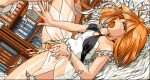  1girl ahoge angel angel_wings book bookshelf bottomless censored closed_eyes cum cum_in_pussy dress feathers game_cg implied_sex legs_up lying mutsumi_masato on_back on_floor open_mouth orange_hair outstretched_arm pachikar pc-98_(style) pixel_art pubic_hair short_hair toushin_toshi toushin_toshi_ii white_dress wings 
