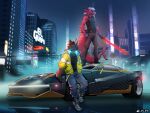 absurd_res anthro blades bottomwear canid canine car city city_background clothed clothing cyberpunk fish fur glowing hair hi_res mammal marine melee_weapon nightcity pants shark streetwear sword vehicle weapon