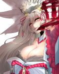  1girl absurdres animal_ears blonde_hair blood breasts fangs fangs_out fate/grand_order fate_(series) highres koyanskaya_(fate) looking_at_viewer open_mouth ria_a9 tamamo_(fate) white_background yellow_eyes 