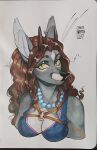 anthro biped black_nose brown_hair cayotekayou clothed clothing colored female grey_body hair hi_res horn jewelry long_ears long_hair looking_at_viewer mammal necklace portrait sahash short_horn signature small_horn snout solo the_crown_of_leaves traditional_media_(artwork) yellow_eyes