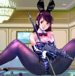  1girl animal_ears ball billiard_ball billiards black_pantyhose bow bowtie breasts brown_hair bunny_day cleavage collarbone commentary_request cue_stick detached_collar earrings fake_animal_ears fishnet_pantyhose fishnet_thighhighs fishnets gloves gun indoors jewelry kamisimo_90 long_hair looking_at_viewer machine_gun medium_breasts open_mouth original pantyhose playboy_bunny pool_table rabbit_ears red_bow red_bowtie revision sitting solo spread_legs submachine_gun table thighhighs thighs tokusatsu uzi weapon wrist_cuffs 