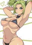  1girl armpits arms_behind_head arms_up bikini blush breasts choker commission droite_(tales) green_eyes green_hair hair_rings heart highres large_breasts looking_at_viewer micro_bikini navel open_mouth ringonodanmem short_hair simple_background solo swimsuit tales_of_(series) tales_of_vesperia twintails 