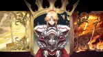  1girl absurdres armor battlefield blonde_hair blood blood_on_face braid caliburn_(fate) closed_eyes crown excalibur_(fate/stay_night) fate/grand_order fate_(series) feibai french_braid full_armor hair_ornament hair_scrunchie helmet highres holding holding_helmet mordred_(fate) no_headwear ponytail red_scrunchie scrunchie shoulder_armor solo 