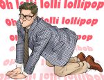  1boy all_fours brown_hair candy dean_winchester english_text fluffsnake food freckles full_body glasses green_eyes highres lollipop looking_at_viewer male_focus mature_male mouth_hold short_hair simple_background solo suit supernatural_(tv_series) white_background 