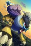 claws cloud commentary_request from_below grass highres no_humans open_mouth outdoors pokemon pokemon_(creature) raikou red_eyes sky solo standing tanpakuroom tusks twilight 
