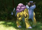  animal_focus commentary_request day full_body grass highres looking_to_the_side no_humans outdoors pokemon pokemon_(creature) raikou rend solo standing tusks 