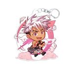  1boy absurdres character_charm charm_(object) chibi cloud fang fang_out feathers full_body highres jock_studio_(blits_games) looking_at_viewer male_focus merchandise mikkoukun nakajima_yuuto open_mouth pink_eyes pink_tank_top shirt short_hair smile solo tank_top transparent_background undercut white_hair white_shirt 