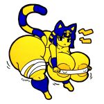 animal_crossing ankha_(animal_crossing) anthro areola areola_slip bandage bent_over big_breasts big_butt black_eyes blue_body blue_fur blue_hair breasts butt domestic_cat egyptian_headdress eyelashes felid feline felis female fur hair hi_res huge_breasts huge_butt looking_at_viewer mammal markings mostly_nude mr_ctm nintendo nipple_outline short_hair simple_background solo striped_markings striped_tail stripes tail tail_markings thick_thighs white_background wide_hips yellow_areola yellow_body yellow_fur
