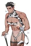  1boy animal_costume animal_ears animal_print bara black_thighhighs blush cane covered_nipples cow_boy cow_costume cow_ears cow_horns cow_print cow_tail dark-skinned_male dark_skin disembodied_limb front_slit gonggye_hs grabbing highres holding holding_cane horns large_pectorals male_focus muscular muscular_male original pectoral_cleavage pectoral_grab pectorals revealing_clothes see-through short_hair shy sideburns solo_focus stomach tail thick_eyebrows thighhighs thighs 