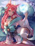 1girl ahri_(league_of_legends) animal_ear_fluff animal_ears aniroud artist_name bangs bare_shoulders bell blue_bow blue_choker blue_eyes blue_ribbon bow branch breasts choker cleavage commentary english_commentary eyeshadow facial_mark feet_out_of_frame fingernails fox_ears fox_girl fox_tail hair_ribbon hand_up highres japanese_clothes jingle_bell kimono league_of_legends long_hair looking_at_viewer makeup multiple_tails obi official_alternate_costume orb pink_nails reclining red_hair ribbon ribbon_choker sash sharp_fingernails signature smile solo tail thighhighs whisker_markings white_kimono white_legwear 