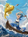  1girl :d absurdres alternate_color blue_eyes blue_hair blue_pants boat bright_pupils cloud commentary day fishing fishing_rod hairband highres holding holding_fishing_rod lana_(pokemon) magikarp mr.thunderigor no_sclera open_mouth outdoors pants pokemon pokemon_(creature) pokemon_sm popplio sharpedo shiny_pokemon shirt short_hair sky sleeveless sleeveless_shirt smile swimsuit swimsuit_under_clothes water watercraft wave_print white_pupils white_shirt yellow_hairband 