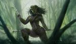  1girl artist_name bodysuit breasts claw_(weapon) cleavage fishnet_bodysuit fishnets forest genderswap genderswap_(mtf) holding holding_staff mask medium_breasts medium_hair nature nicole_jimenez predator_(character) predator_(series) see-through see-through_cleavage solo staff tree wading weapon wet 