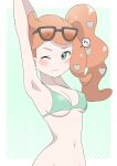  1girl absurdres aqua_bikini aqua_eyes araki_megami armpits arms_up bikini blush breasts cleavage collarbone eyewear_on_head hair_ornament heart heart_hair_ornament highres medium_breasts navel one_eye_closed orange-tinted_eyewear orange_hair pokemon pokemon_swsh side_ponytail solo sonia_(pokemon) stretching sunglasses swept_bangs swimsuit tinted_eyewear underwear wavy_hair 