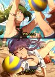  6+girls absurdres arms_up aura_(sousou_no_frieren) beach black_hair blurry blurry_background blush breasts brown_hair character_request choker day english_text fern_(sousou_no_frieren) green_hair grin highres holding horns kanne_(sousou_no_frieren) khyle. large_breasts lawine_(sousou_no_frieren) linie_(sousou_no_frieren) multiple_girls outdoors pink_hair pout pregnant sand shiny_skin short_hair shorts smile sousou_no_frieren sweat teeth ubel_(sousou_no_frieren) umbrella volleyball white_hat 